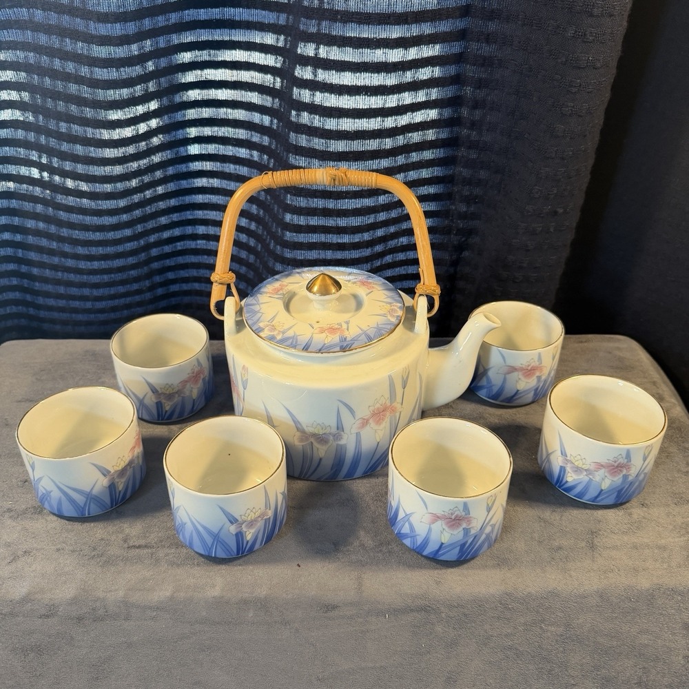 TEAPOT WITH 6 YUNOMI Tea Cups IRIS OTAGIRI OMC Japan Porcelain Flowers Gold Trim - Picture 14 of 14